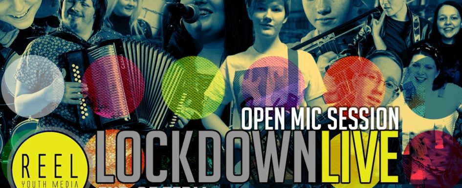 Lockdown Live open mic session colourful poster with pictures of lots of performers